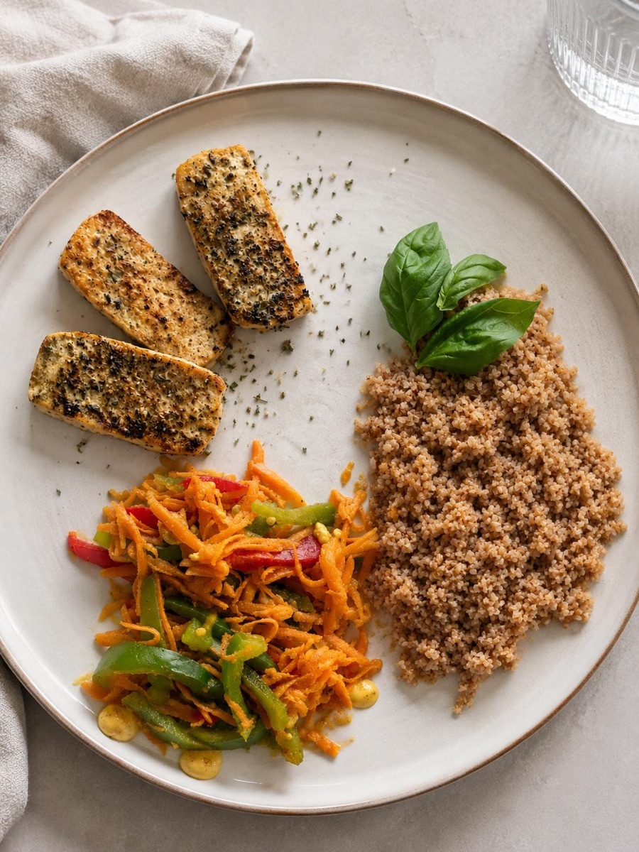 Kräutertofu auf Bulgur mit Paprika-Karotten-Gemüse
